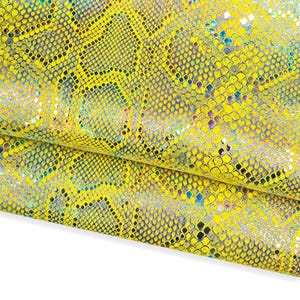 Pelle pitone giallo laminato OLEOGRAFICO, pellame camoscio stampa RETTILE, capra motivo animalier B17824-MT(st)  La Garzarara