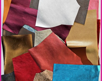 Leather scraps, metallic solid colors scraps bag, for crafting and earrings, in total for 1 lbs and 2 lbs    B005 La Garzarara