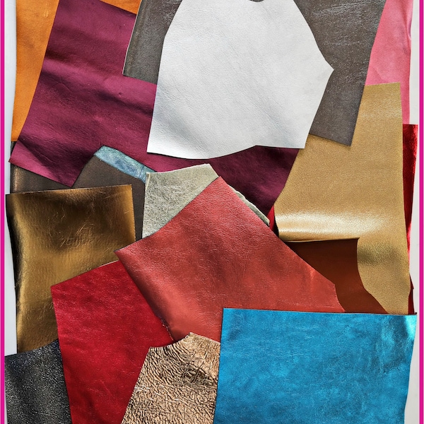 Leather scraps, metallic solid colors scraps bag, for crafting and earrings, in total for 1 lbs and 2 lbs    B005 La Garzarara