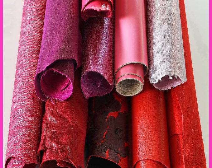 LOT of 10 RANDOM red, purple, pink full leather hides, stock of smooth, metallic, printed matching skins, wholesale B14826-ST La Garzarara