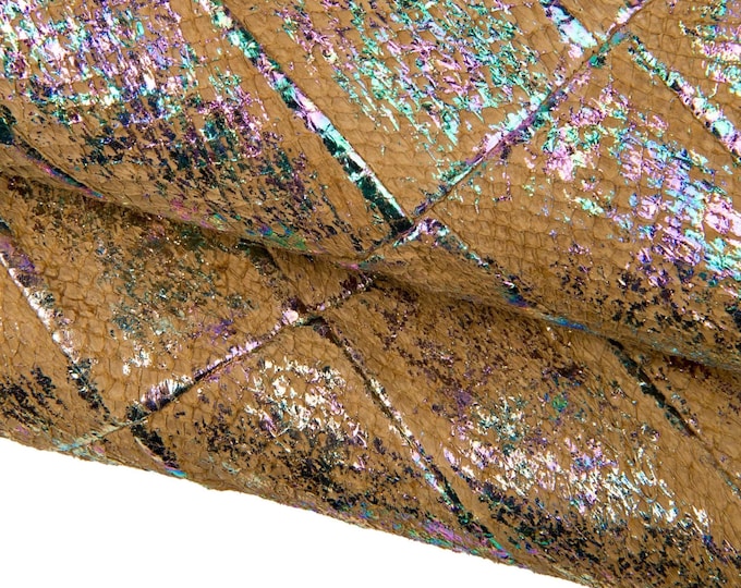 Beige HOLOGRAPHIC SALMON leather hide, multicolor metallic print on luxurious soft fish band B17897-MT(st)   La Garzarara