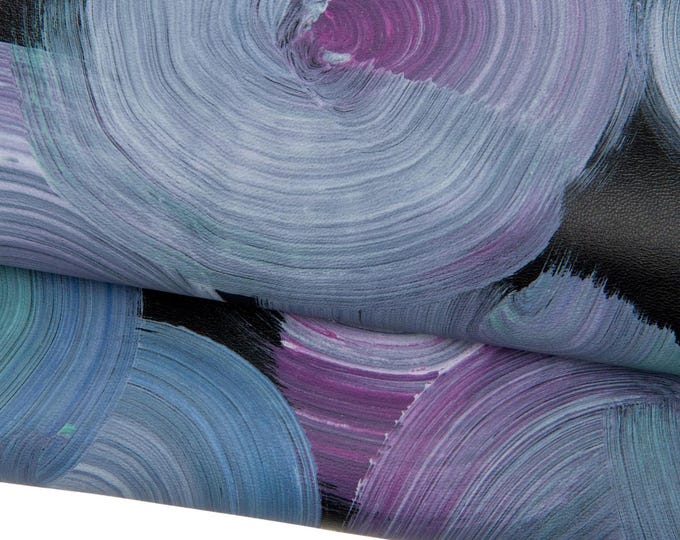 Handpainted green-purple on black basis leather skin, vibrant circles print goatskin, unique piece, soft for crafters B18416-DM La Garzarara