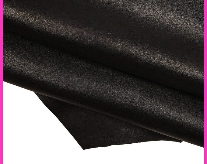 BLACK SMOOTH leather hide, semi glossy slightly wrinkled nappa calfskin, soft silky cowhide B14786-TB La Garzarara