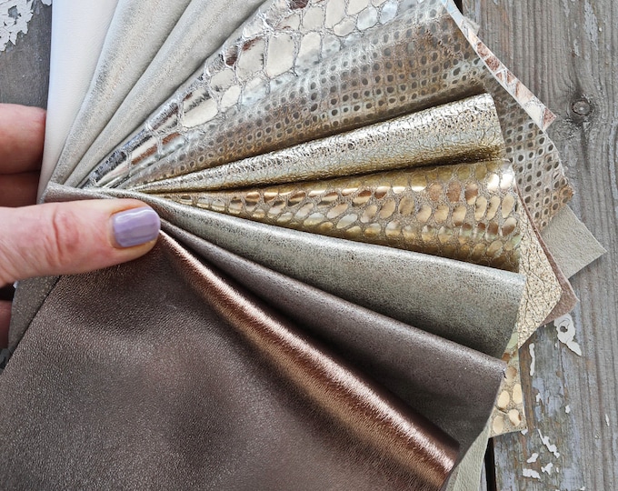 10 PLATINUM WHITE GUNMETAL leather scraps, metallic and not, smooth, solid tones, random assortment, grains various  B1547   La Garzarara