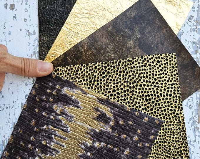 5 Selected leather scraps, GOLD BRONZE tones, printed and metalic printed, mix selection leather remnants as per pictures RT339