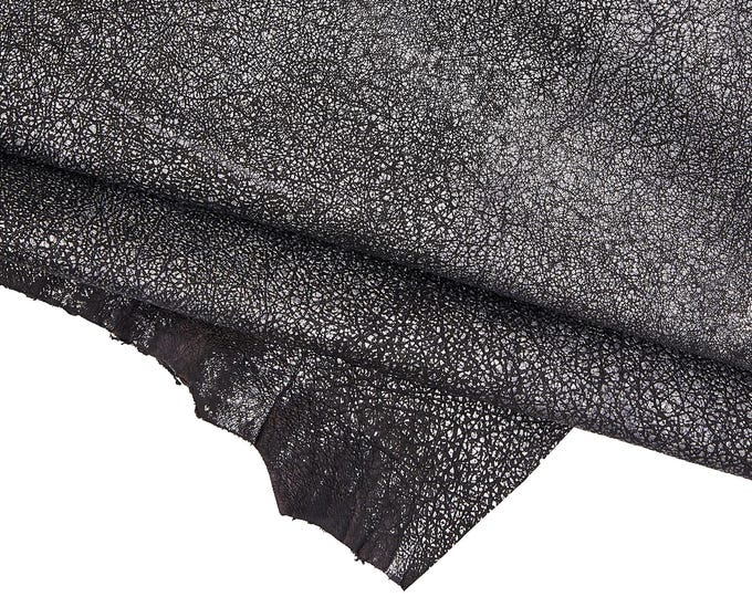 BLACK steelmetal leather skin, wrinkled goatskin, metallic aged distressed hide 0.9 - 1.0 mm B16542-MT(ST) La Garzarara