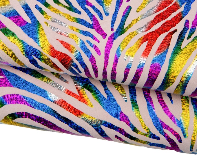 Multicolor ZEBRA printed leather skin, IRIDESCENT metallic animal texture on powder pink suede goatskin for diy projects B17825-MT(st)