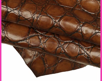 BROWN crocodile embossed cowhide, maxi croc print on glossy calfskin, animal printed semi soft leather hide, 0.7-0.8mm B16259-ST LaGarzarara