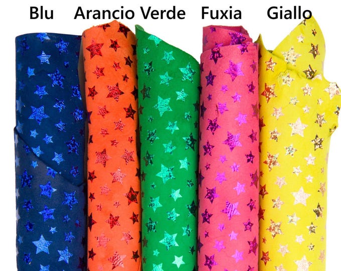 STAR printed leather skin, blue, orange, green, fuxia, yellow iridescent METALLIC suede goatskin B17803-MT(st) La Garzarara