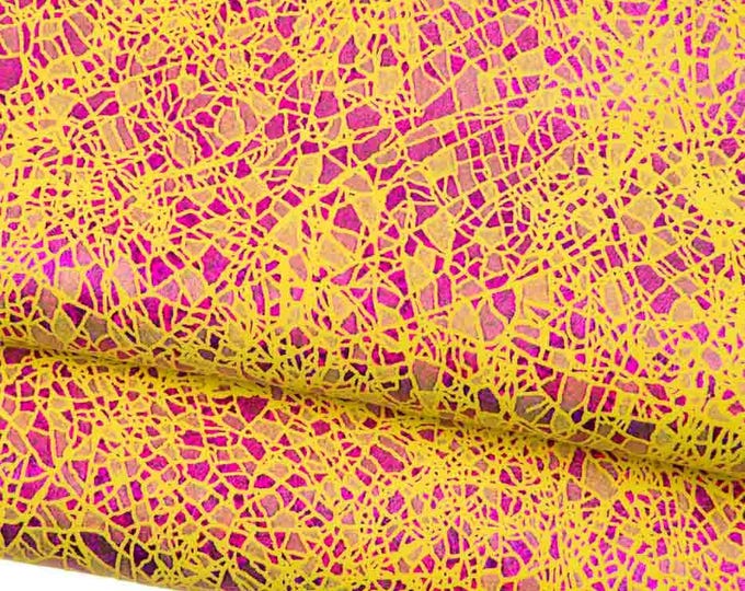 IRIDESCENT metallic suede goatskin, orange - purple - fuchsia - yellow CRACKLE printed goatskins, soft bright hide B18549-MT(st) LaGarzarara