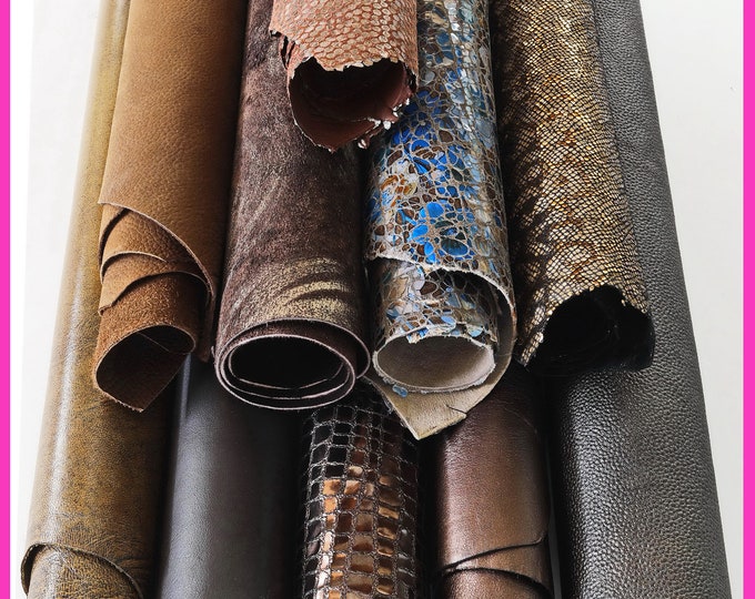 Leather hides deal of 10 random BROWN, TAN full leather skins bundles of smooth metallic, printed matching skins B14840-ST La Garzarara