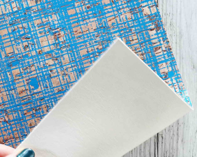 Cork Leather Sheets - CHECKER blue texture - Cork Printed Leather - Cowhide Backed Cork Sheets B862