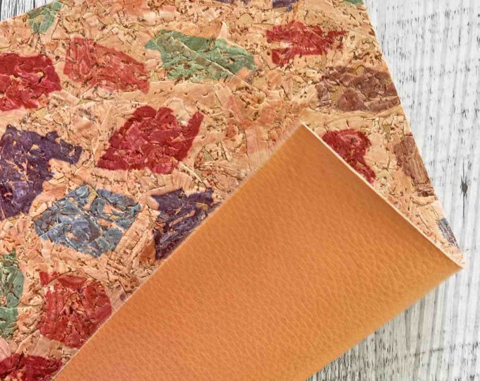 Multicolor abstract textured CORK backed Leather Sheet for Earrings, Cork on salmon color Cowhide 4x6" / 8x10" / 12x12"  B933