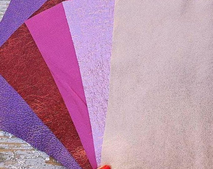 5 Selected leather scraps, RED, PURPLE and PINK tones, metallic mix selection leather pieces as per pictures 10x8" / 25x20 cm  RT256
