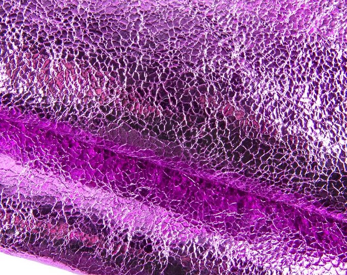Fuchsia CRACKLE printed leather skin, bright pink metallic soft goatskin hide for hobbyists B17326-MT La Garzarara