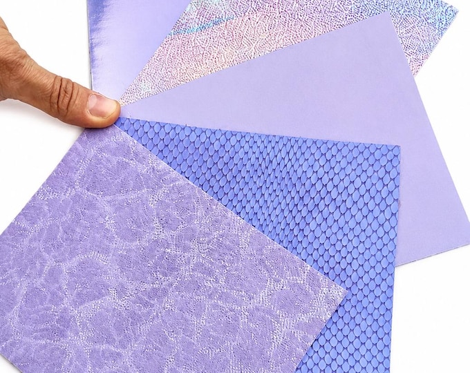 Lilac Leather Scraps, Iridescent Metallic and Snakeskin Offcuts, Lavender Mixed Finish Leather Pieces  La Garzarara RT332