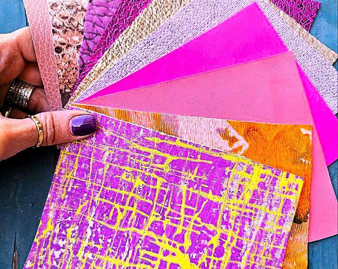 10 Selected leather scraps, PINK and FUCHSIA tones, printed and metalic printed,mix selection leather pieces as per pictures RT271