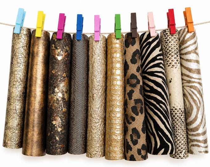 Luxury Leather Scraps, Gold Bronze Metallic and Exotic Print Pieces, Unique Textured Offcuts for Creative Projects  6x5" / 15x12 cm  RT343