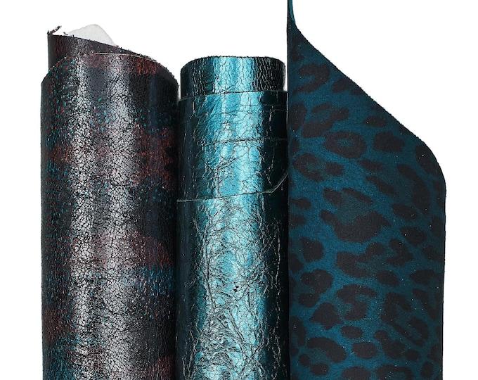 Set of 3 green petrol / black, metallic leather skins, LEOPARD printed goatskin hides, as per pictures B18346-MT(ST)   La Garzarara