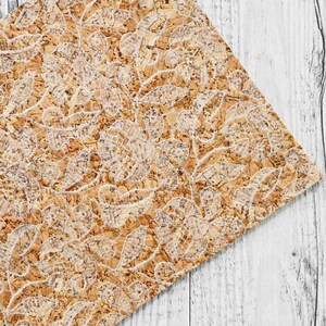 Pezzi di SUGHERO naturale con stampa a fiori in color bianco - fogli di pelle vegana   15x12 / 25x20 / 30x30 cm  B882   La Garzarara