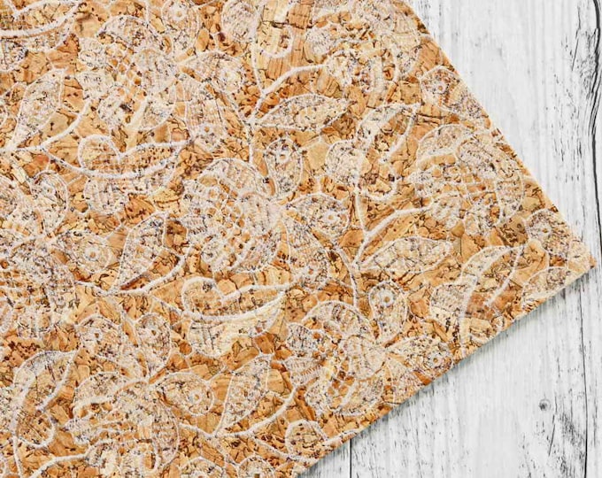 Floral print CORK sheets, natuaral vegan leather made in Italy, white floral textured, print flowers  B881  La Garzarara
