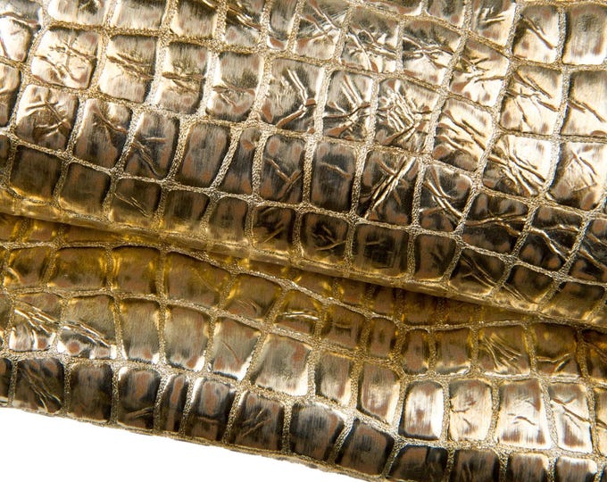 Gold CROCODILE embossed leather hide, metallic croc printed goatskin,  AGED vinted effect for crafters B18225-MT(st)   La Garzarara