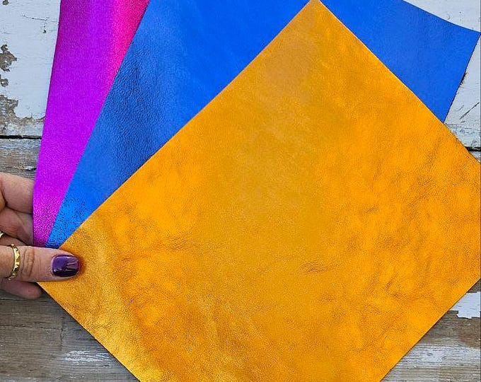 3 Selected  metallic leather pieces, fuchsia, orange and blue colors, selection of leather remnants as per pictures  10x8"   RT283