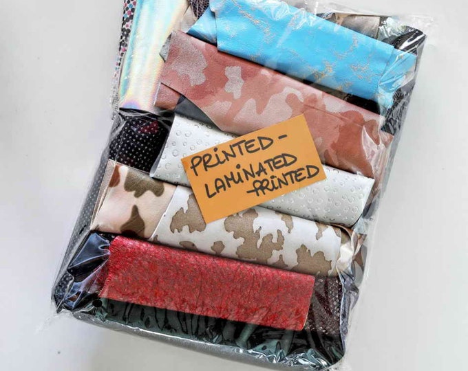 Leather luxury printed and metallic printed scraps bag, in total for 0,7 lbs (300 gr), 1 lbs (500 gr) and 2 lbs (1 kg)   B003 La Garzarara