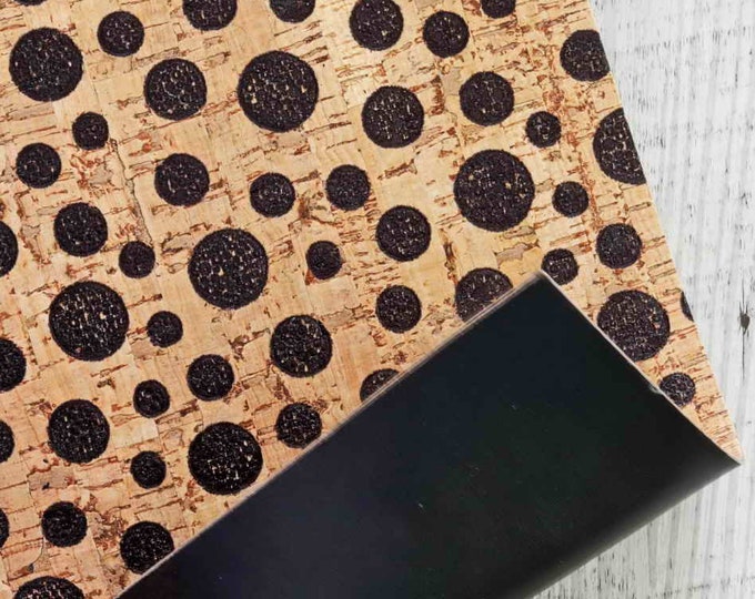 Black spotted polka dots CORK backed  Leather  Sheet for Earrings, Cork on Cowhide B805