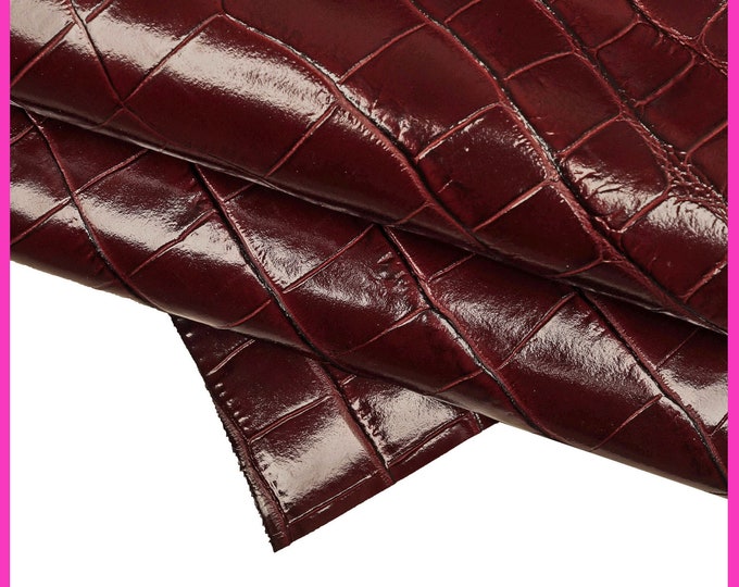 BURGUNDU CROC printed leather hide, crocodile embossed calfskin, glossy stiff cowhide B15082-ST La Garzarara