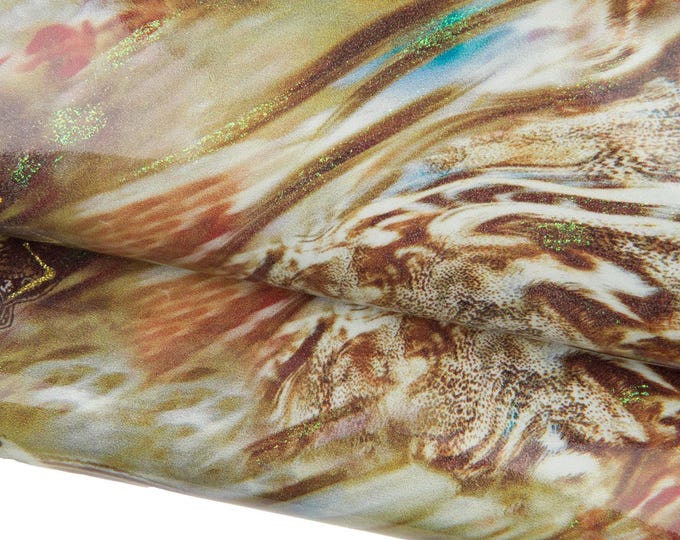 BAROQUE printed leather hide, cream-gold brown, iridescent glossy with glitter, PATENT goatskin. Ideal for crafters, hobbyists  B18544-ST