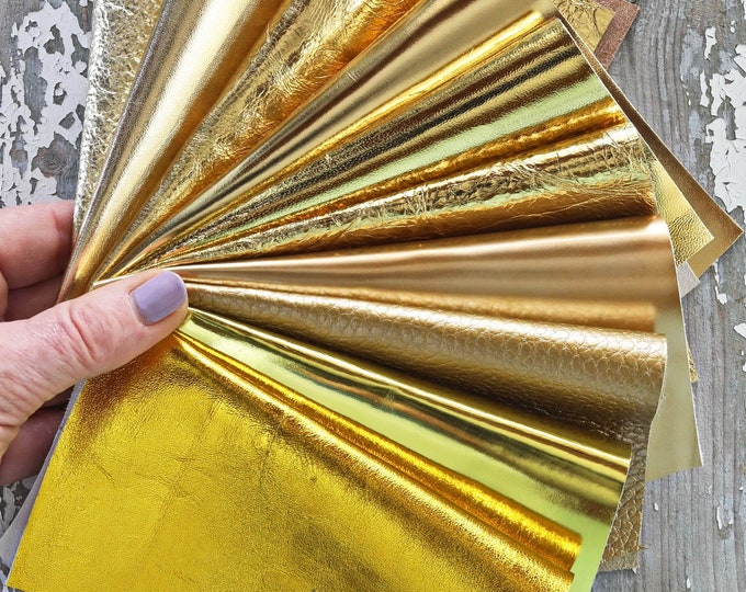 10 Leather scraps GOLD metallic, smooth,SOLID tone, grain, thicknesses and softness various, random assortment    B1530  La Garzarara