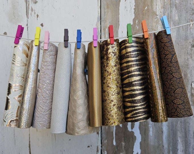 10 Colorful and bright printed leather scraps SELECTED selection, GOLD CREAM, various prints, leather offcuts  6x5" / 15x12 cm  RT347