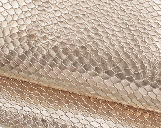 Light gold SNAKE printed leather hide, METALLIC reptile embossed cowhide, glossy soft python calfskin B19670-MT(st) La Garzarara