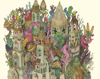 May include: A watercolor painting of a fantastical city made of buildings and coral. The city is surrounded by a variety of colorful coral and other sea life. The buildings are all different shapes and sizes, and some have windows and doors. The city is set against a white background.