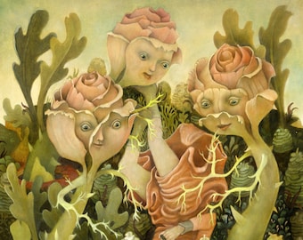 May include: A painting of three stylized roses with human faces. The roses are pink and have green leaves. A person with long red hair lies on the ground in the center of the painting. The person is wearing a pink dress and has a necklace with a pendant.