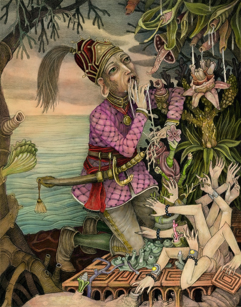 May include: A watercolor painting of a fantastical scene with a man in a pink and gold outfit, a sword, and a red hat. He is being attacked by a multi-armed creature with tentacles and flowers. The scene is set in a lush, tropical environment with a body of water in the background.