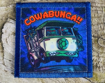 Party Wagon, 3x3 handmade patch.  Blue border