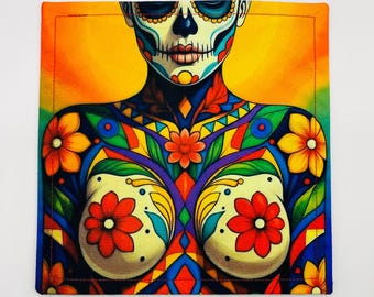 Sugar Skull handkerchief. 8x8 custom hank with navy backing. EDC Hank.  NSFW