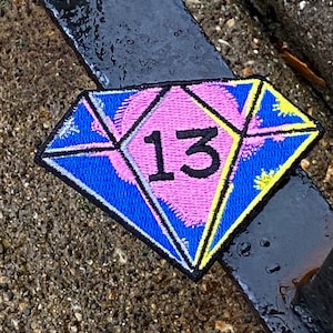 May include: A blue, pink, and yellow diamond-shaped patch with the number 13 embroidered in black.
