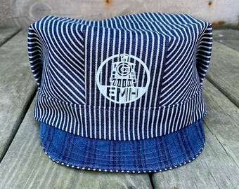 Train Engineer Hat. 12.5 ounce Hickory Stripe Denim.  7 1/2 fitted.  Handcrafted Cap