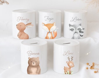 Money box child personalized, money box, baptism gift, baby, personalized money box, baptism money box, birth gift, forest animals watercolor