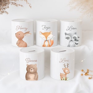 Spardose Kind personalisiert, Spardose, Taufgeschenk, Baby, Personalisierte Spardose, Spardose Taufe, Geschenk Geburt, Waldtiere Aquarell
