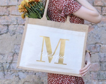 Personalized Burlap Bag Initial Name Gold | Market Bag | gift | Custom Gifts | shopping bag | Mother's Day