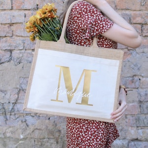 Personalized Burlap Bag Initial Name Gold | Market Bag | gift | Custom Gifts | shopping bag | Mother's Day