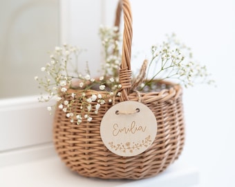 Panier de Pâques personnalisé avec gravure et panier | Cercle de fleurs | Mot recherché | Panneau en bois bébé enfant sac de Pâques idée cadeau panier de Pâques