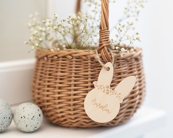 Personalized Easter basket with engraving and basket | Bunny with wreath | Wooden sign baby child Easter bag gift idea