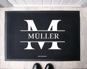 Paillasson en tissu personnalisé Nom de famille initial -noir- | Cadeau de tapis intérieur pour emménager dans | Cadeau de mariage | Tapis de porte individuel