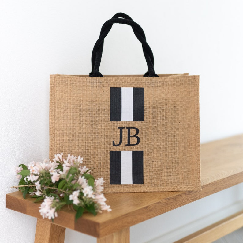 Personalisierte Jutetasche Black Stripes NATUR-SCHWARZ Markttasche Geschenk Individuelle Geschenke Einkaufstasche Hochzeit Bild 1