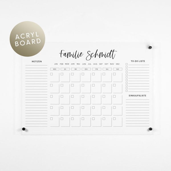 Calendario Acrílico Personalizado 'Familia' Handlettering| tablero acrílico | Calendario de pared | Planificador mensual de vidrio acrílico para escribir